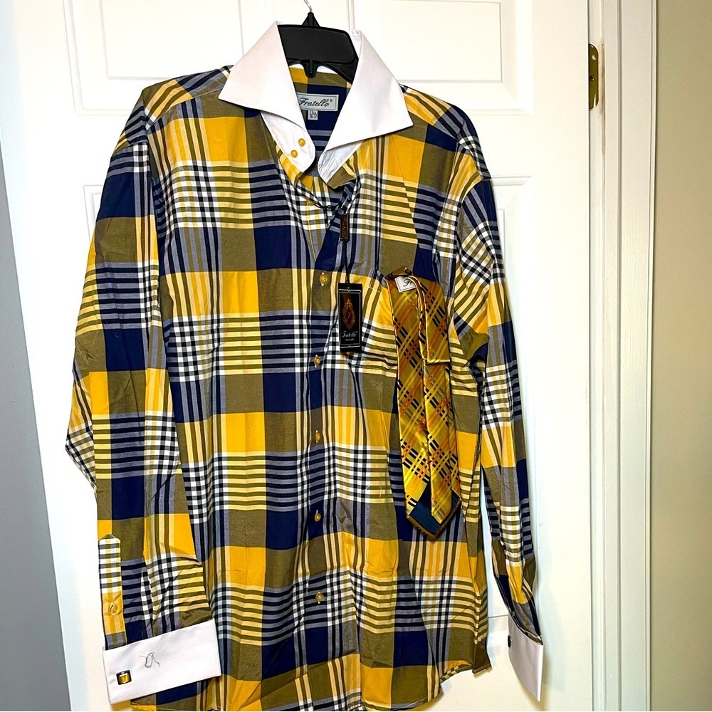 Fratello Dress Shirt, Tie, Pocket Square Set NEW Yellow & Blue Plaid 17.5 / 36